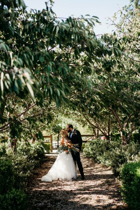 Bride and groom kissing in a sun-dappled orchard, with the bride holding a bouquet and the groom in a classic suit