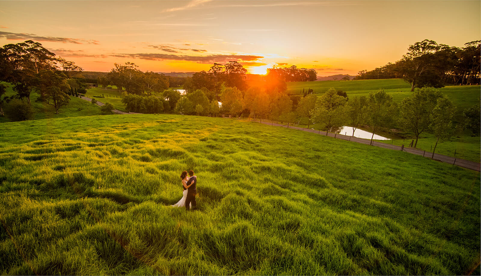 Couple embracing in a lush green field at sunset, with a beautiful pond and trees in the background